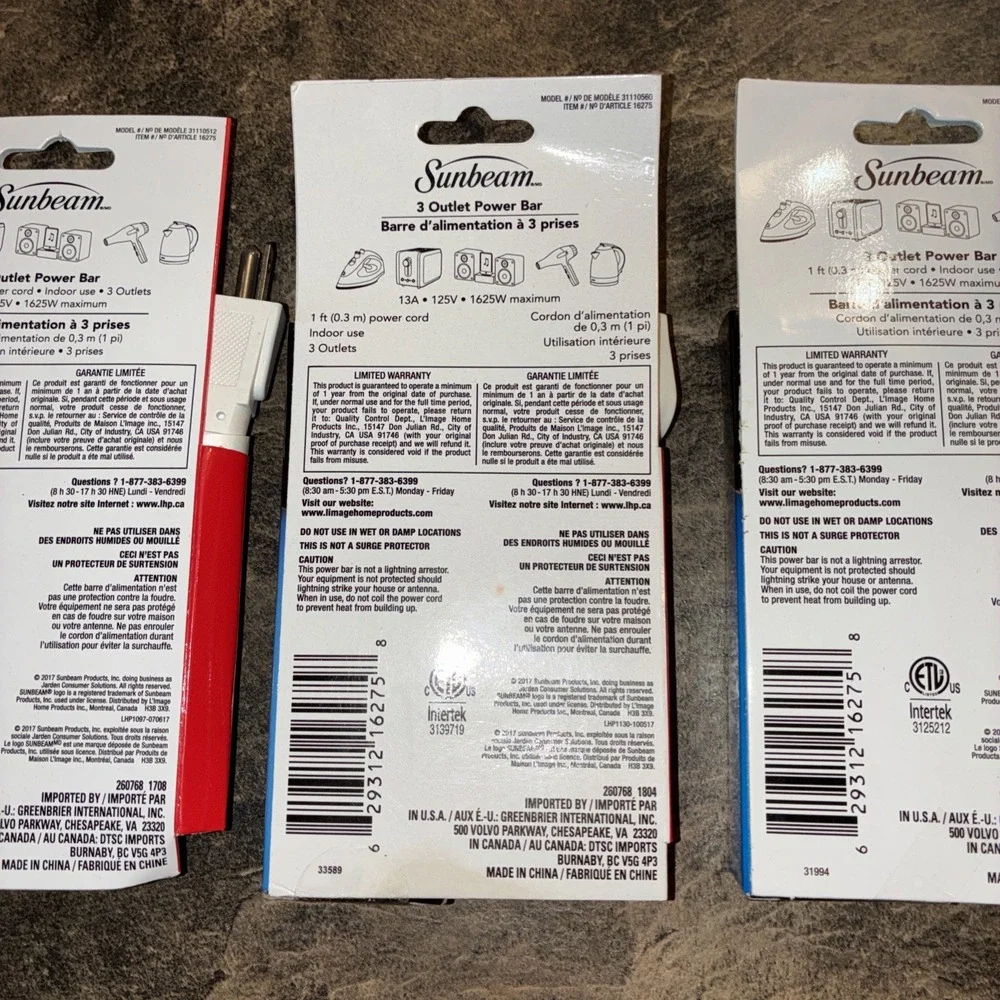 Lot If 3 Sunbeam One Foot 3 Outlet Power Bar New With Tags